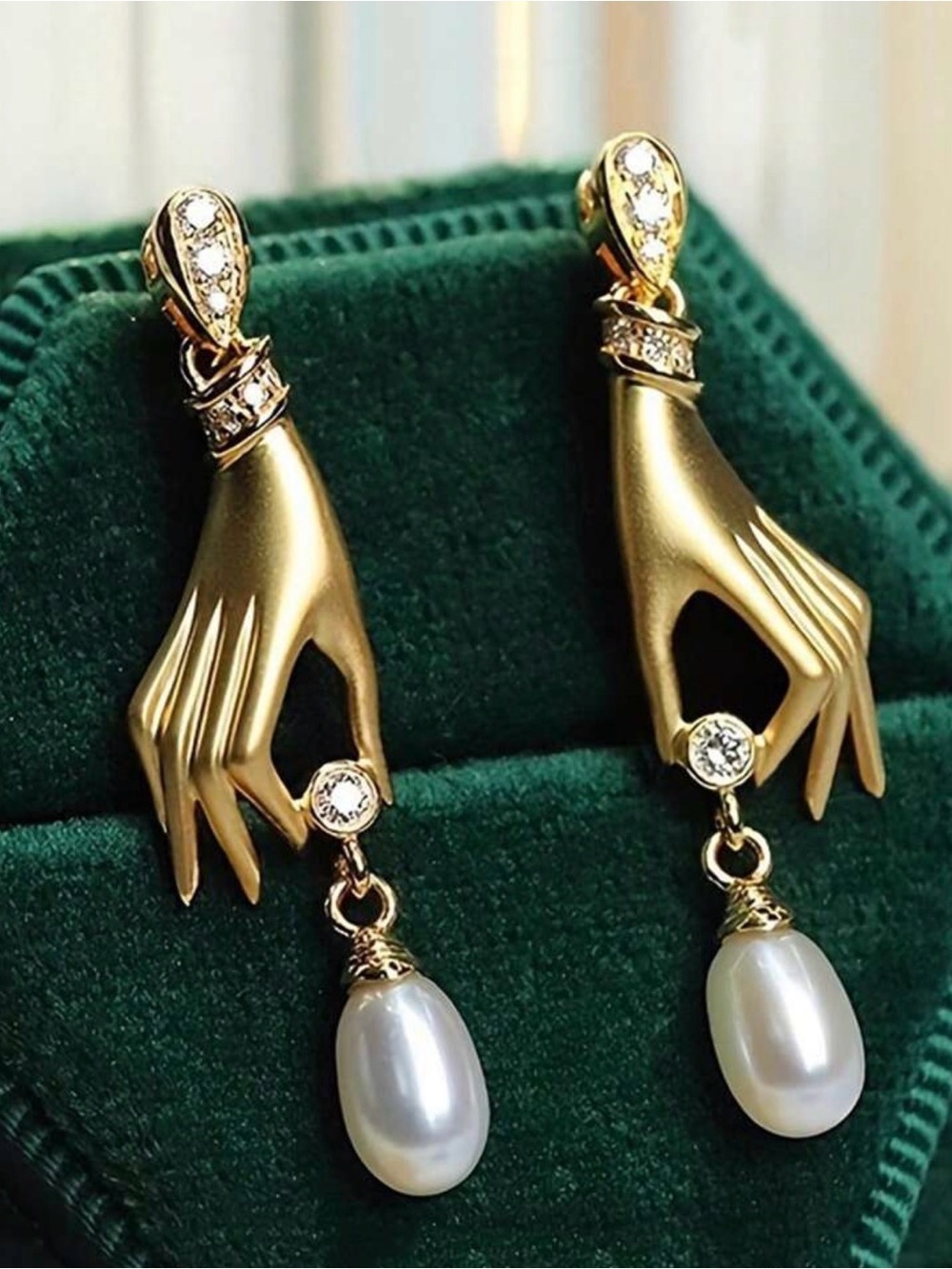 Vintage Gold Hand Pearl Drop Earrings